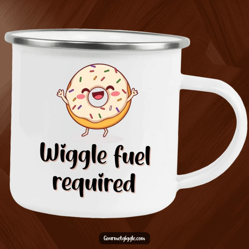 Funny donut camping mug with sprinkles doing a joyful wiggle dance, ideal for outdoor beverages and spreading cheer. Rugged and fun.