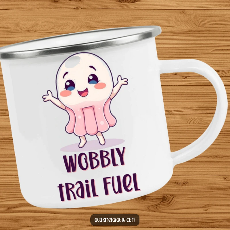 Funny Jelly Camping Mug featuring a wobbly jelly character doing a happy dance, ready for the outdoors.