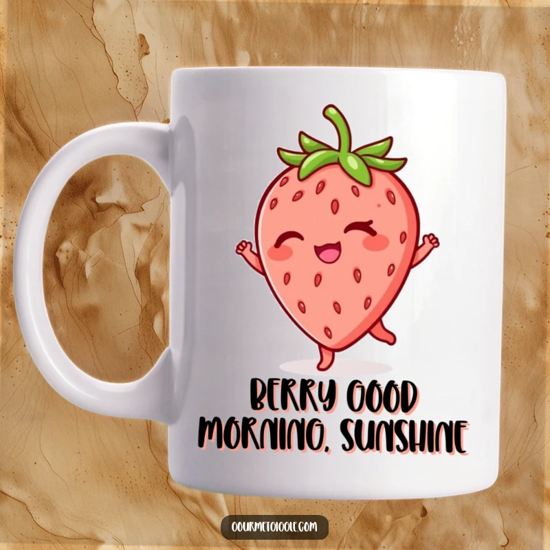 Funny winking strawberry mug, playfully twirling with a mischievous grin, bright red and green, perfect for fruit enthusiasts and coffee lovers.