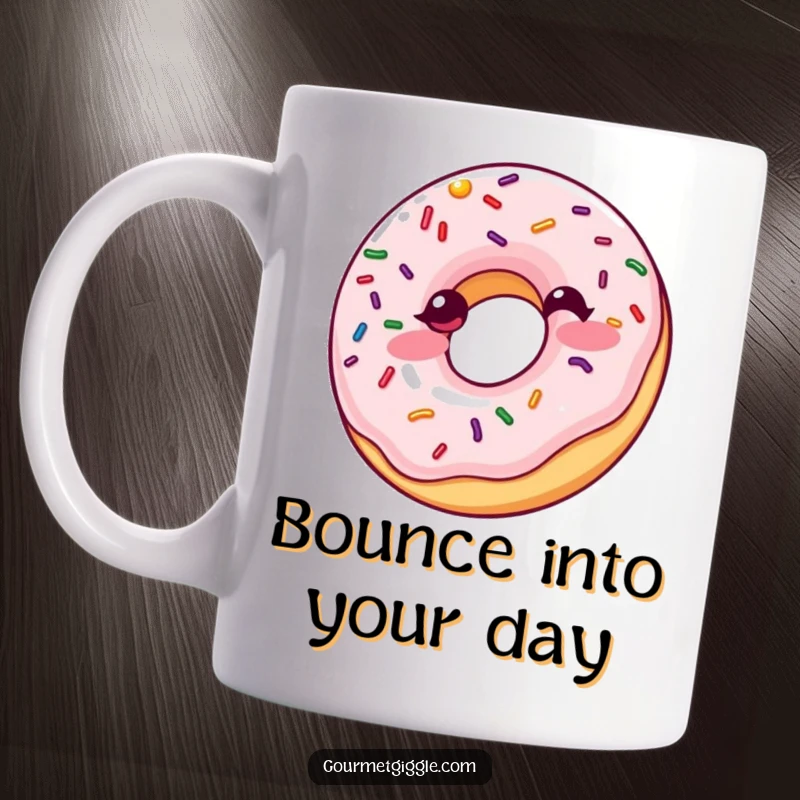 Funny Giggling Donut Mug: A cheerful donut with colorful sprinkles joyfully bouncing, expressing pure delight and sugary fun for a happy sip.
