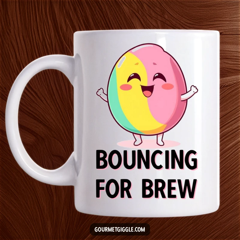 Funny mug featuring a delighted piece of candy with a silly grin bouncing excitedly, a sweet and energetic treat.