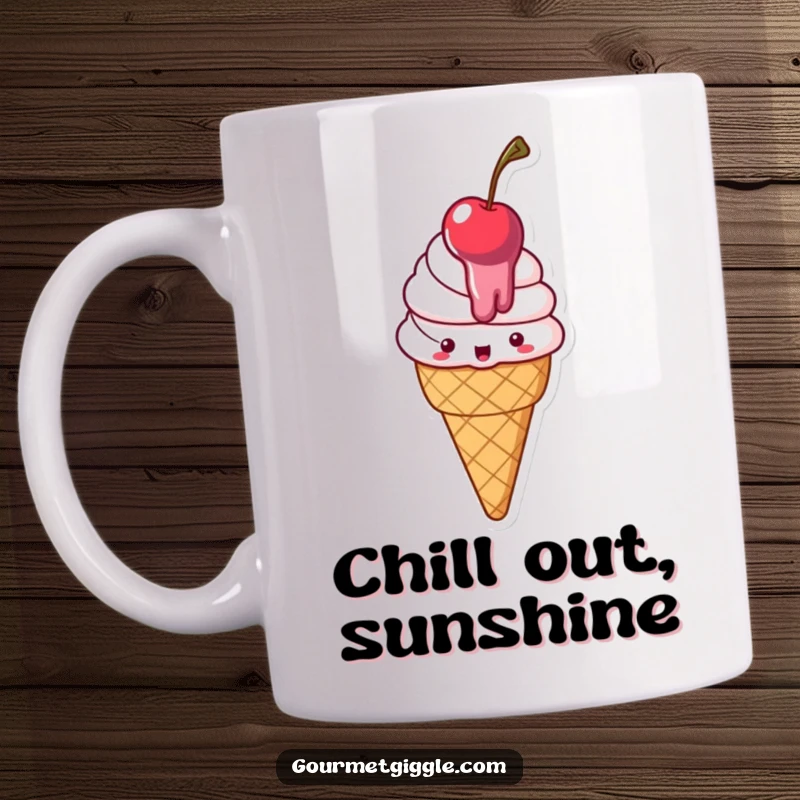 Funny Mug showing a delighted ice cream cone with a cherry, looking slightly melty and endearingly expressive.