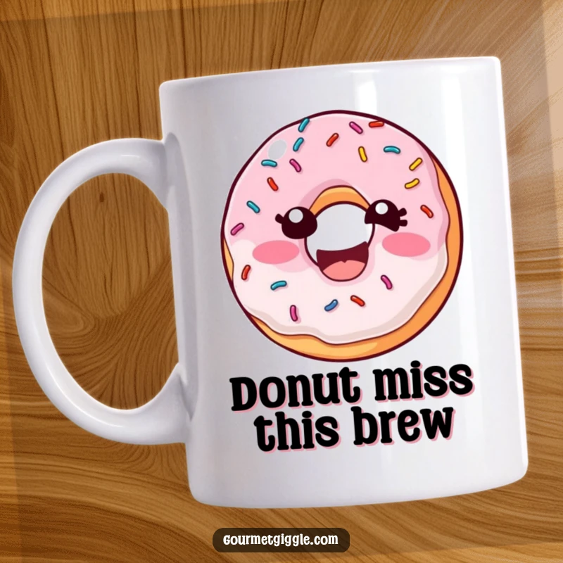 Funny Donut Laugh Mug showing a delighted donut with sprinkles wiggling joyfully, radiating pure amusement and sugary delight.