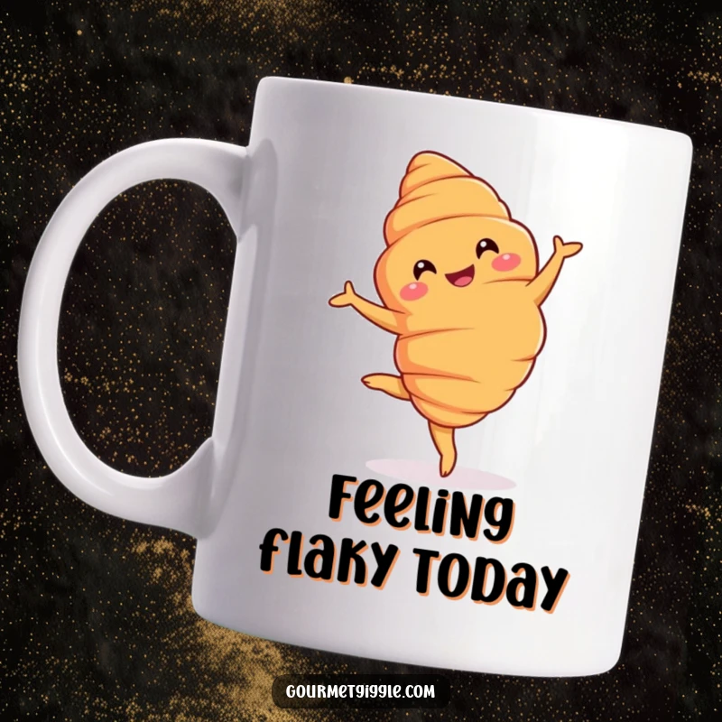 Funny Mug: A grinning croissant elegantly performing a graceful pirouette, exuding buttery charm and artistic flair.