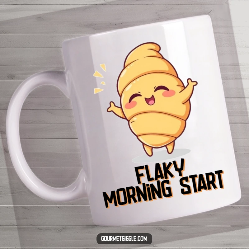 Funny Croissant Mug featuring a winking croissant doing a playful dance with a flourish, embodying cheerful breakfast vibes.