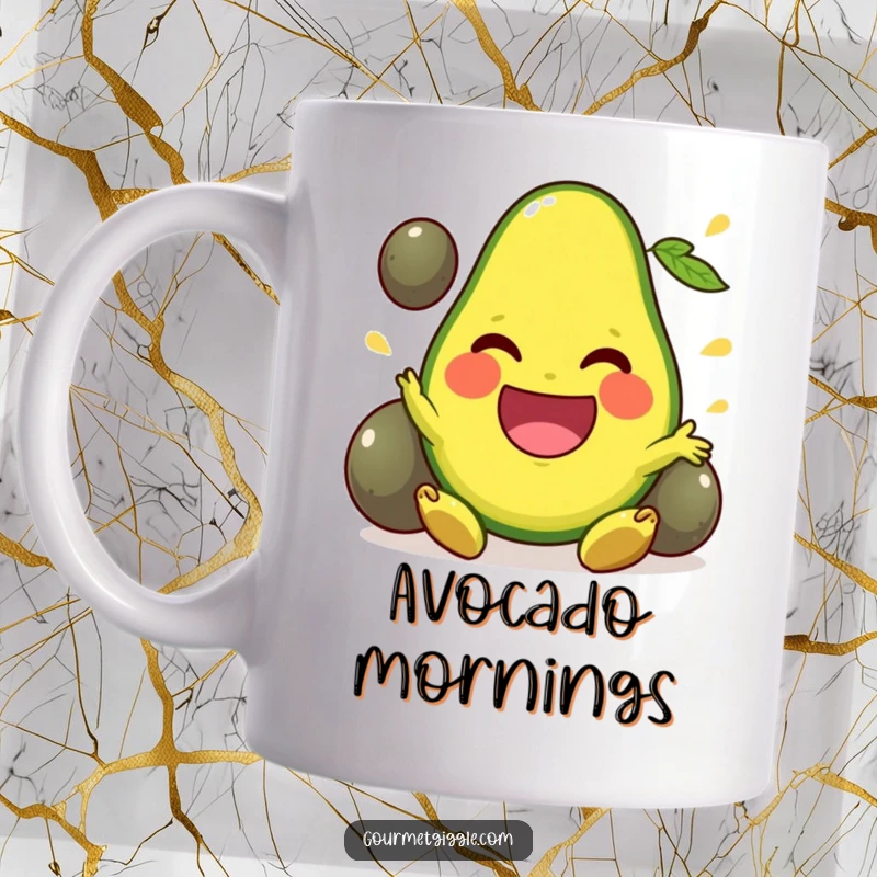 Funny Mug with a beaming avocado joyfully juggling its pits, showcasing impressive skill and a wide, happy smile.