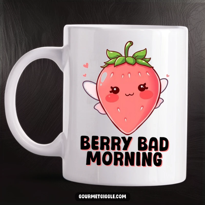 Funny blushing strawberry character with tiny fluttering wings on a mug, a cute and sweet design for a delightful gift.