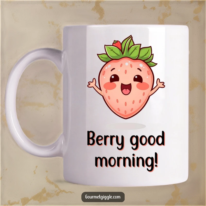 Funny excited strawberry with a leafy crown, joyfully bouncing with mirth on a cheerful mug.