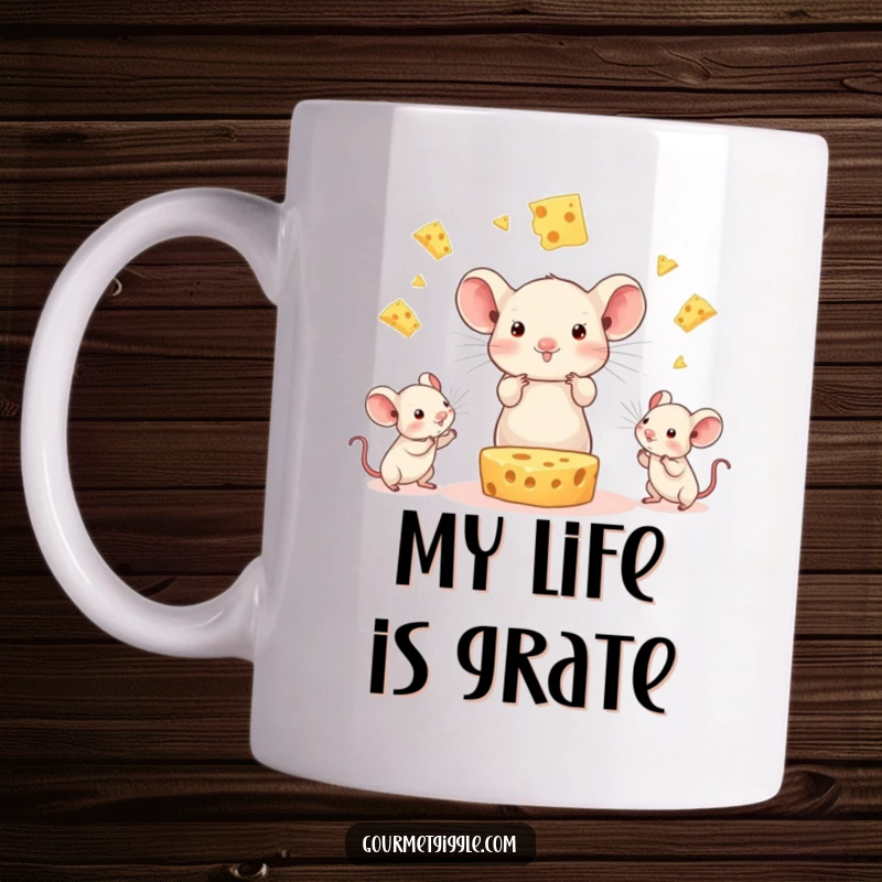 Funny Cheese Juggling Mice Mug: A cheerful wedge of cheese gleefully tosses tiny mice in a hilarious and lighthearted circus act.