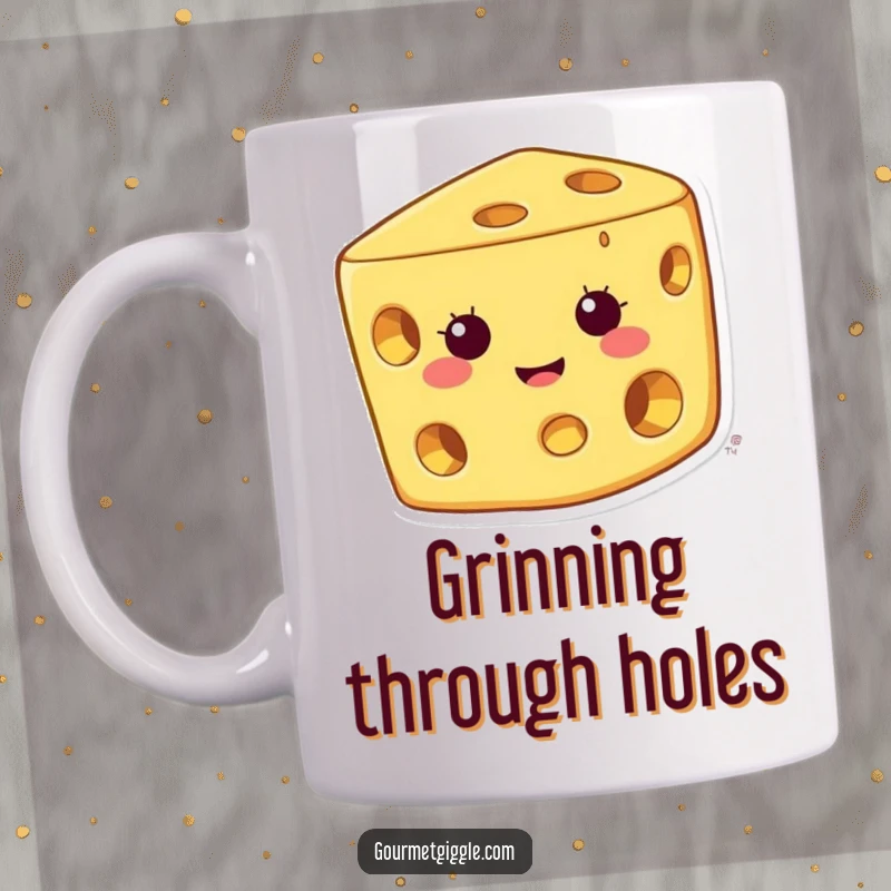 Funny cheese mug featuring a happy character with wide grin and holes, bringing cheesy humor to your coffee breaks.