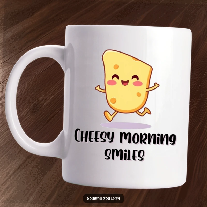 Funny cheese slice character mug, a happy, round cheese piece doing a wobbly trot, bringing cheesy fun.