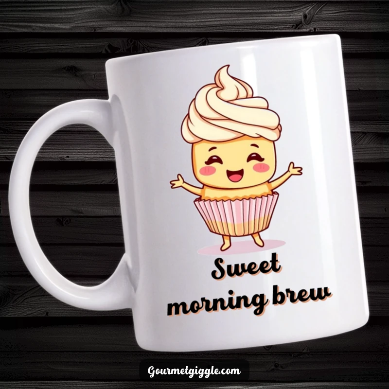 Funny cupcake mug featuring a cheerful cupcake with frosting hair, happily doing a little jig, radiating pure joy.
