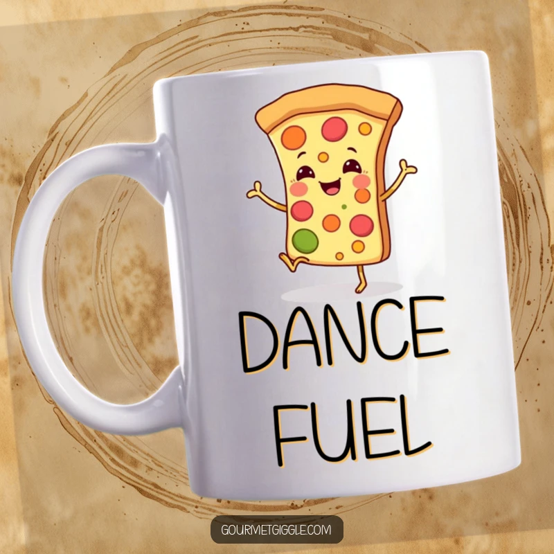 Funny mug featuring a smiling pizza slice with tiny legs doing a joyous happy dance, perfect for foodies and fun.