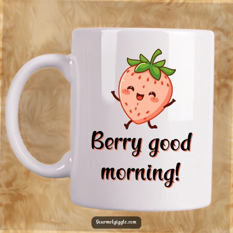 Funny mug with a cheerful cartoon strawberry character with two little legs energetically dancing, radiating joy and sweetness.