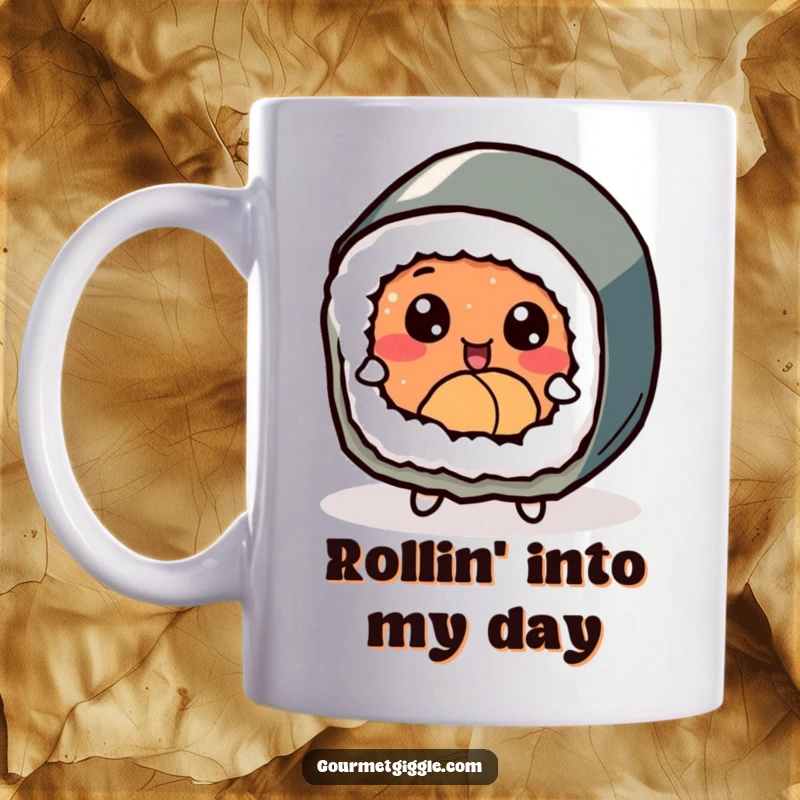 Funny delighted sushi roll with expressive eyes, joyfully doing a little dance on a fun coffee mug.