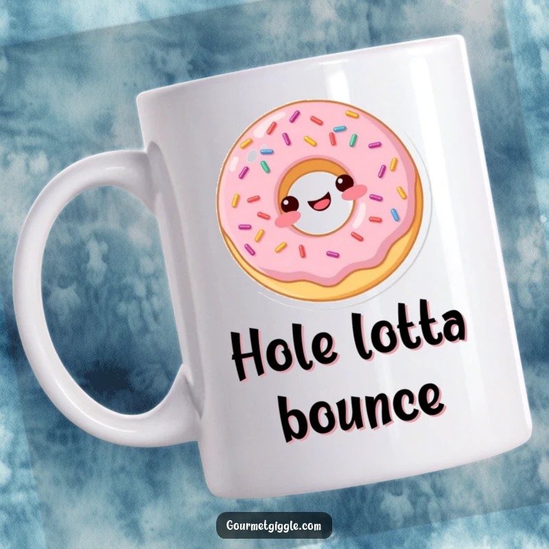 Funny donut mug featuring a happy, sprinkled donut playfully bouncing on its hole with glee.