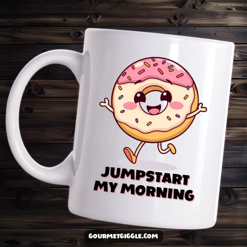 Funny mug showcasing a happy, grinning donut character with colorful sprinkles joyfully jumping, embodying sweet excitement.