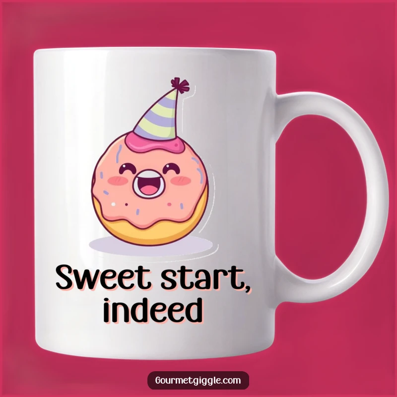 Funny Donut Party Hat Mug, Delighted Character, Sweet Funny Gift Coffee Cup