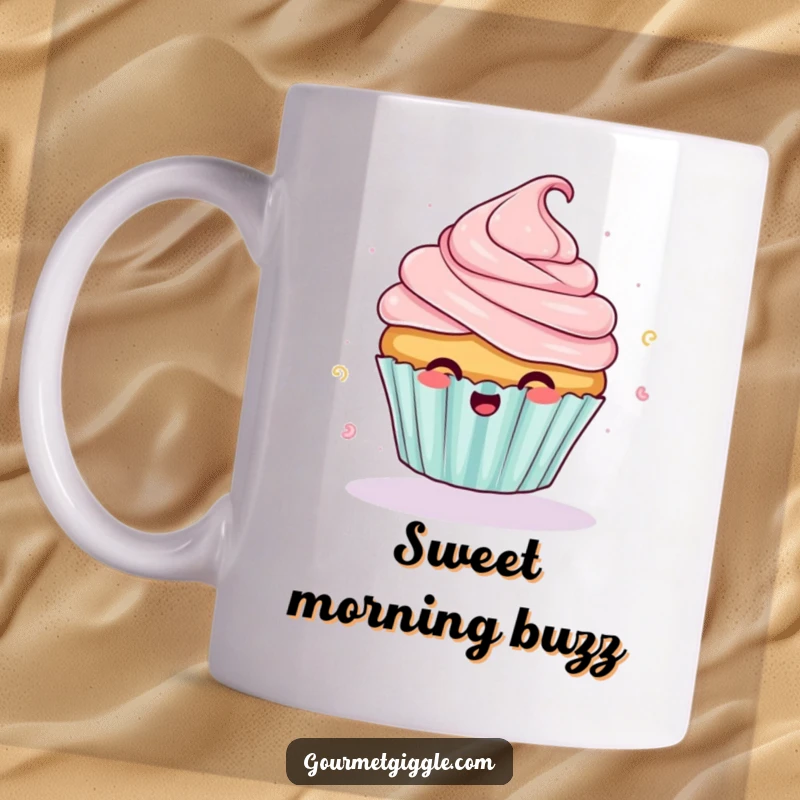 Funny giggling cupcake mug with frosting flying off mid-spin, radiating pure, sweet, humorous delight.