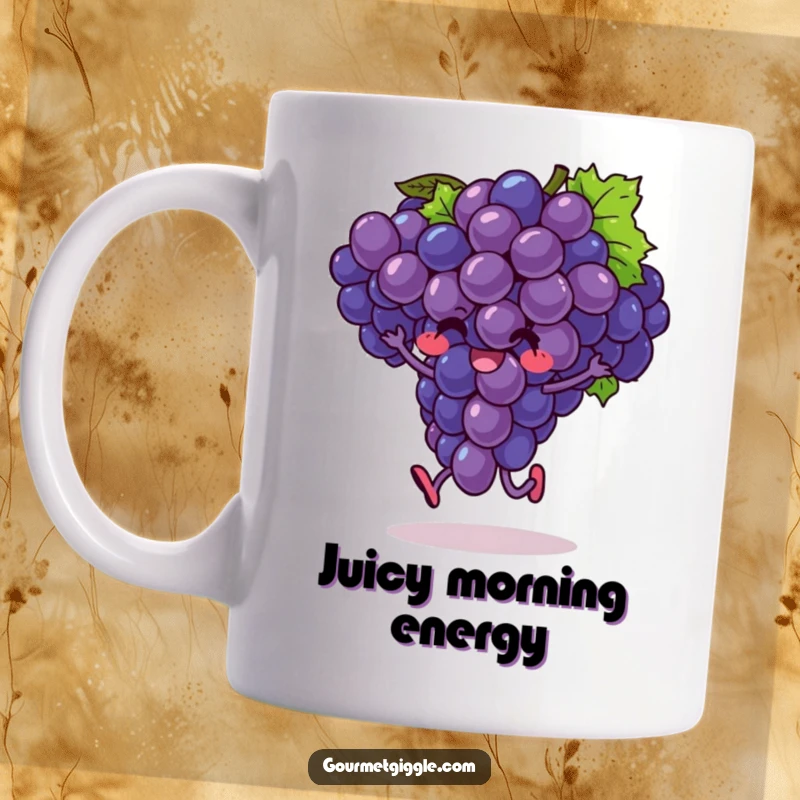 Funny mug showing a bunch of happy grapes mid-hop with joyful expressions, embodying pure, fruity exuberance.