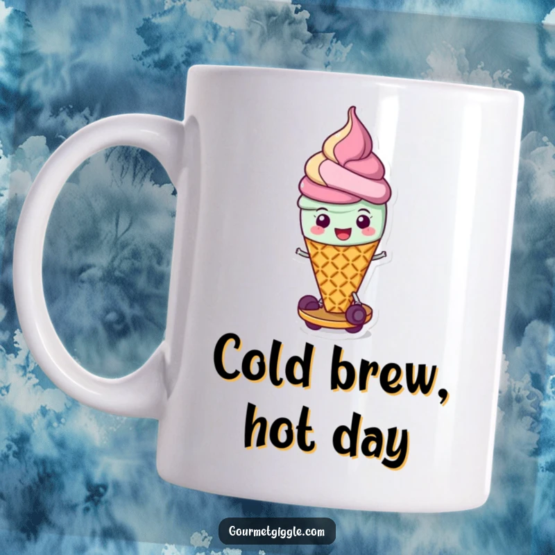 Funny mug showcasing a cheerful ice cream cone scooting along on its waffle base, perfect for dessert lovers and those who appreciate sweet humor.