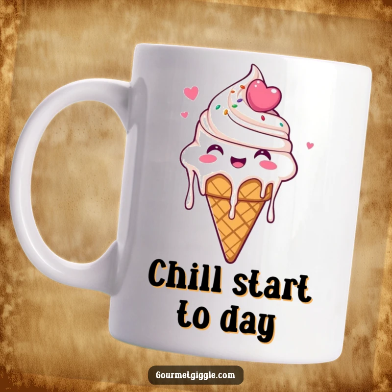 Funny Ice Cream Cone Mug showing a delighted ice cream cone dripping with glee, radiating pure joy and frozen delight.
