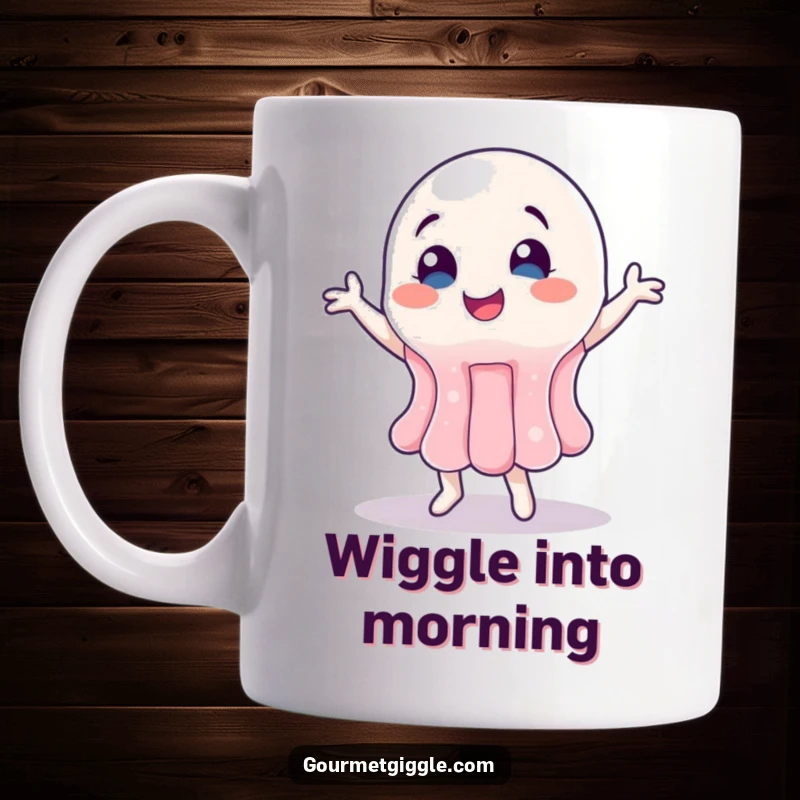 Funny Jelly Mug featuring a wobbly jelly character enthusiastically doing a happy dance, full of glee.
