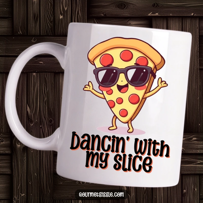 Funny pizza slice mug, wearing tiny sunglasses and dancing with a cheesy, giggling expression.