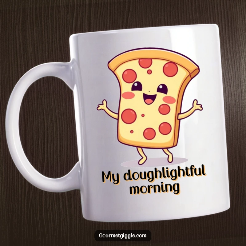 Funny Mug: A smiling pizza slice joyfully performing a happy jig, radiating pure cheesy delight and excitement.