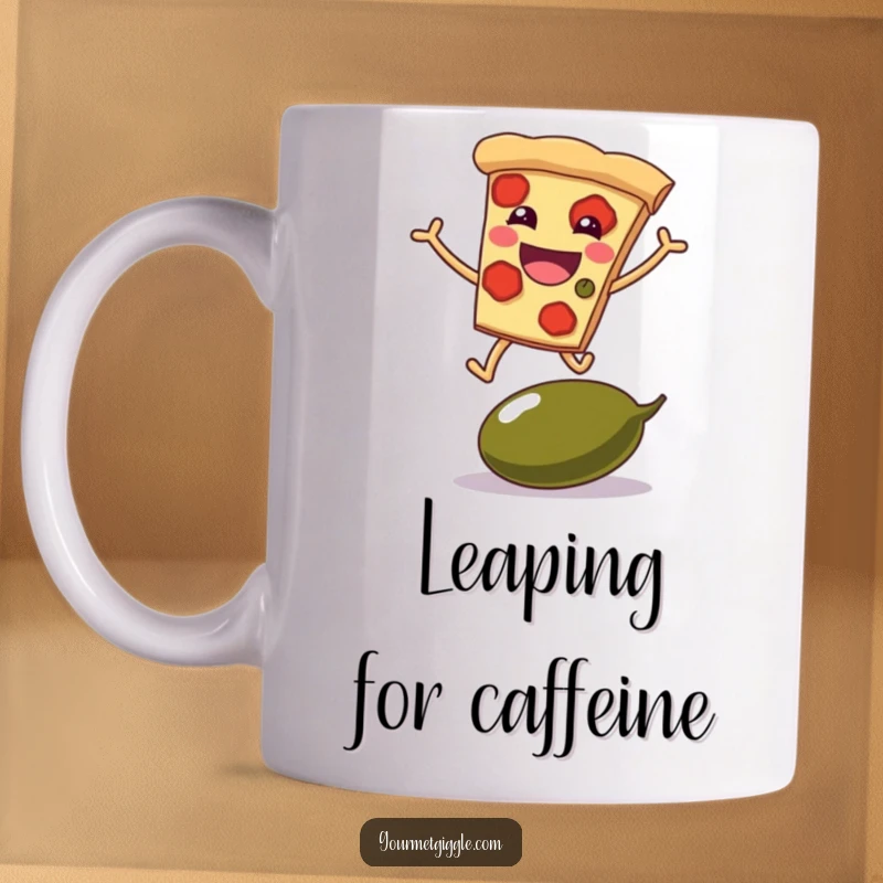 Funny mug showing a grinning pizza slice with legs joyfully leaping over a giant olive, a pizza lover's dream.