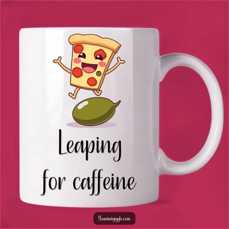 Funny Pizza Leap Mug - Grinning Slice's Hilarious Olive Jump Gift