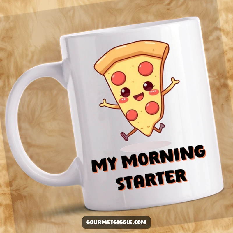 Funny pizza mug with a smiling slice of pizza, complete with tiny legs, joyfully skipping along.