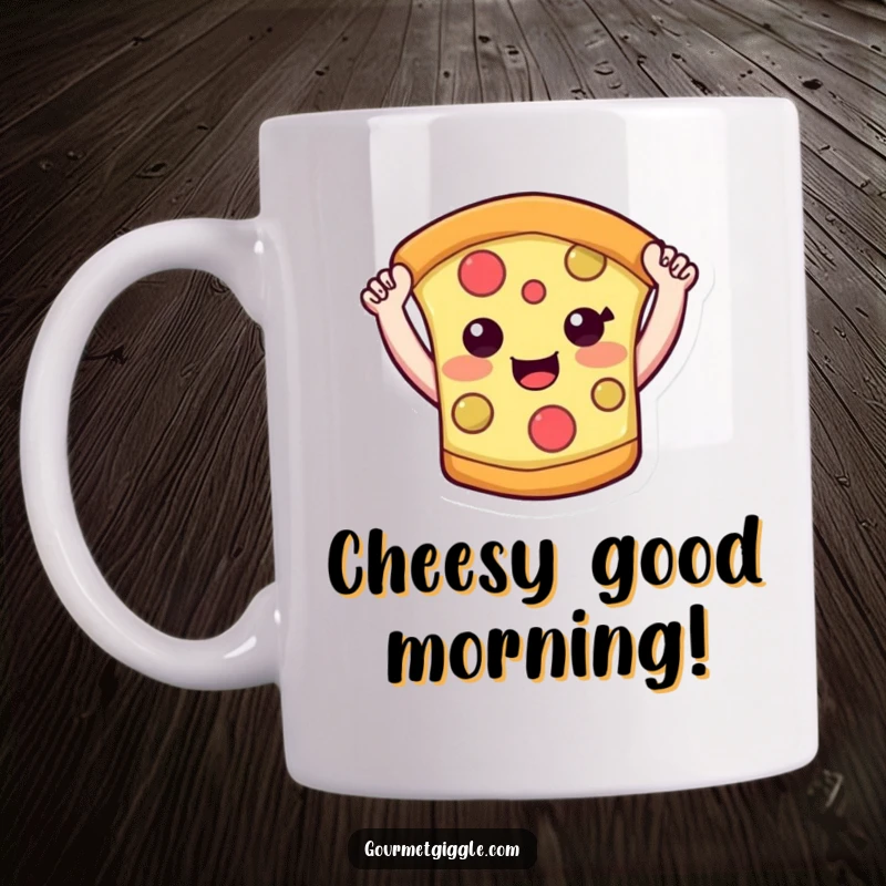 Funny pizza slice mug with a smiling face and little arms enthusiastically raised high in celebration. A cheesy delight.