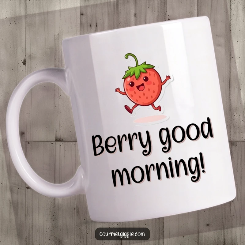 Funny strawberry character mug depicting a cheerful, round fruit doing a joyful cartwheel, perfect for a fun gift.