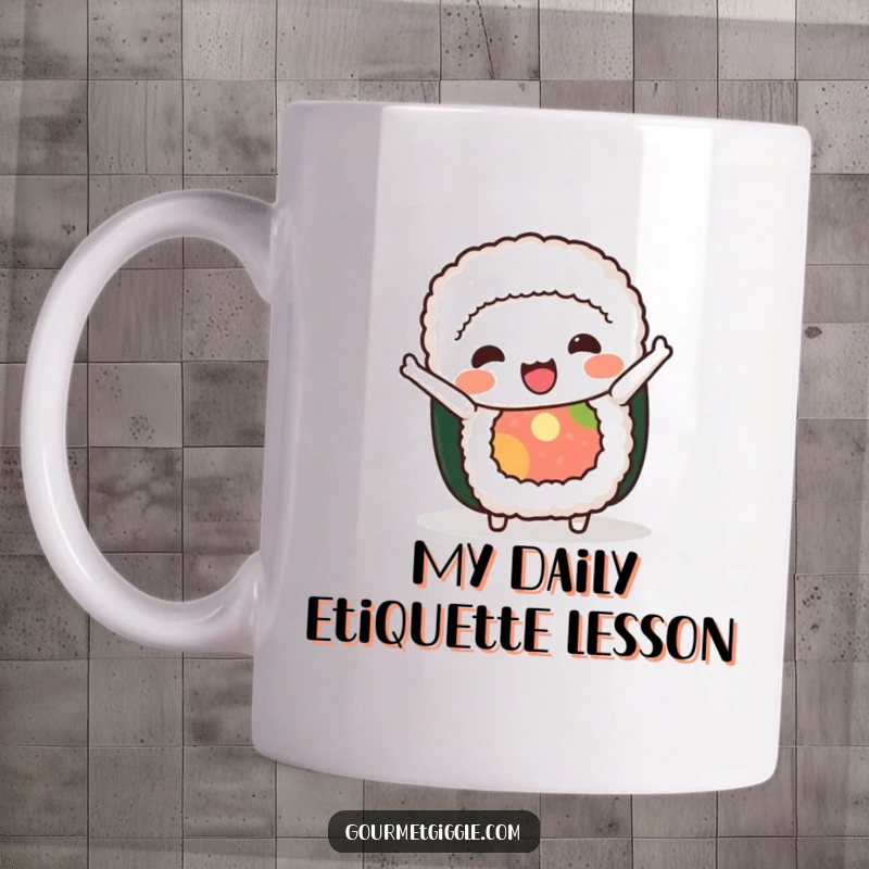 Funny sushi roll mug featuring a cheerful character performing a silly, graceful bow, bringing joy and laughter to your mug collection.