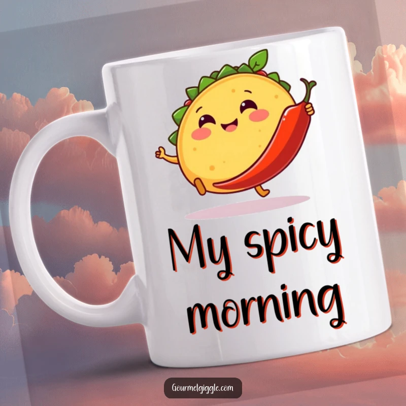 Funny mug depicting a smiling, round taco with tiny legs energetically kicking a dancing chili pepper, celebrating food and fiesta humor.
