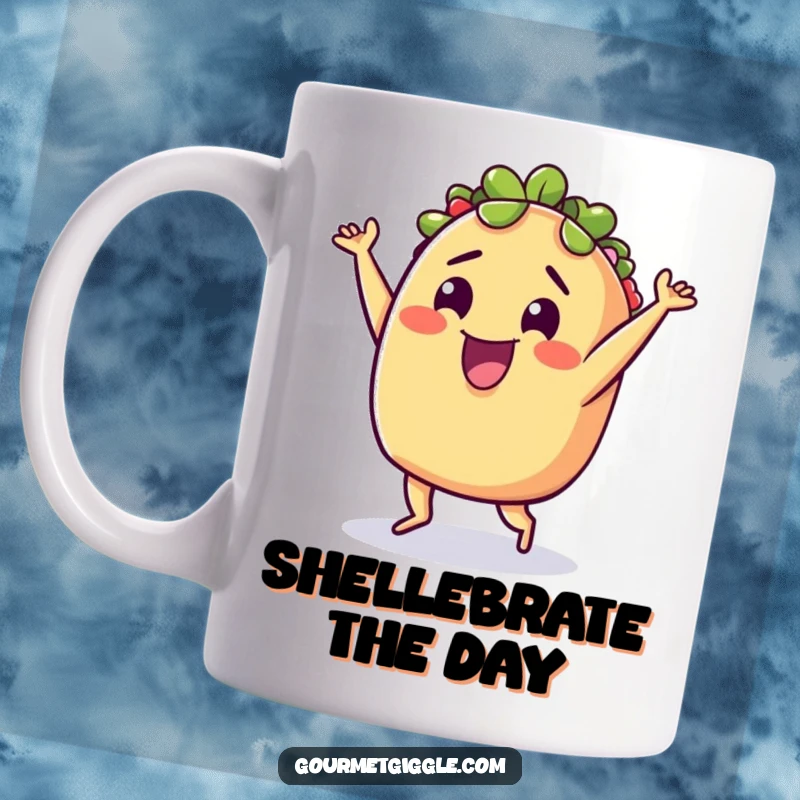 Funny Mug: A delighted taco energetically performing a silly little dance, radiating festive Mexican food joy.