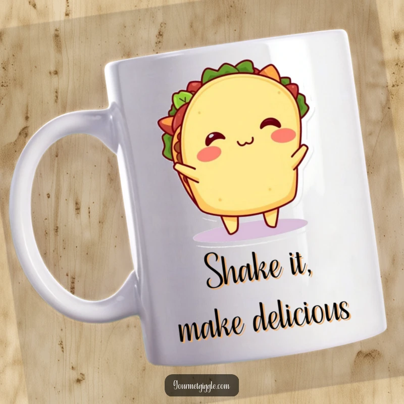 Funny Taco Coffee Mug: A happy taco with its filling joyfully shimmying, expressing pure delight and deliciousness for a fun morning.