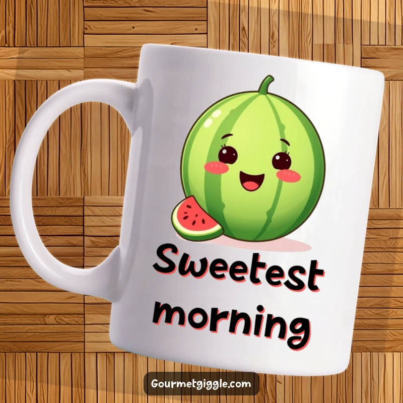 Funny watermelon mug featuring a proud, beaming fruit with a slice missing, exuding summer happiness and satisfaction.