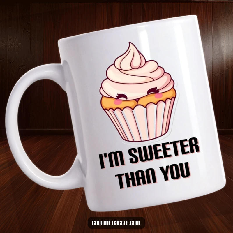 Funny Cupcake Mug featuring a tantalizing cupcake with a frosting swirl, winking playfully, ready to add a dash of sweet humor.