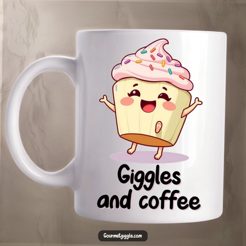 Funny mug featuring a giggling cupcake with sprinkles and tiny feet doing a cartwheel, a sweet and humorous treat.