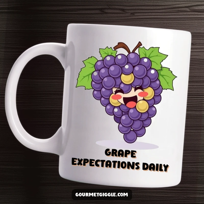 Funny Mug featuring a happy bunch of grapes joyfully rolling around, expressing pure delight and playful energy.