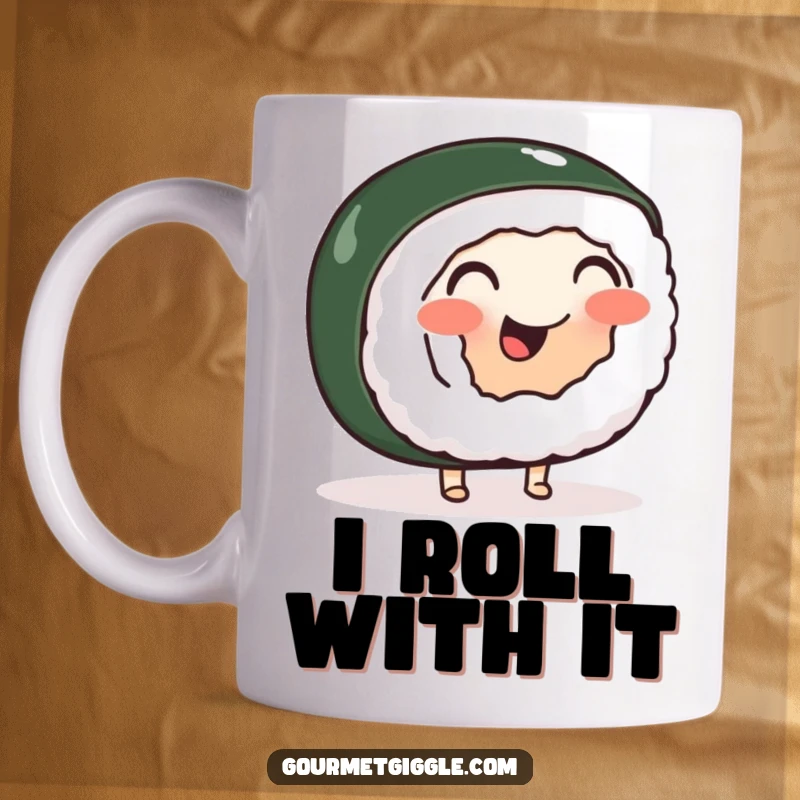 Funny mug featuring a cheerful, wobbly sushi roll with tiny feet doing a happy jig, perfect for sushi lovers.