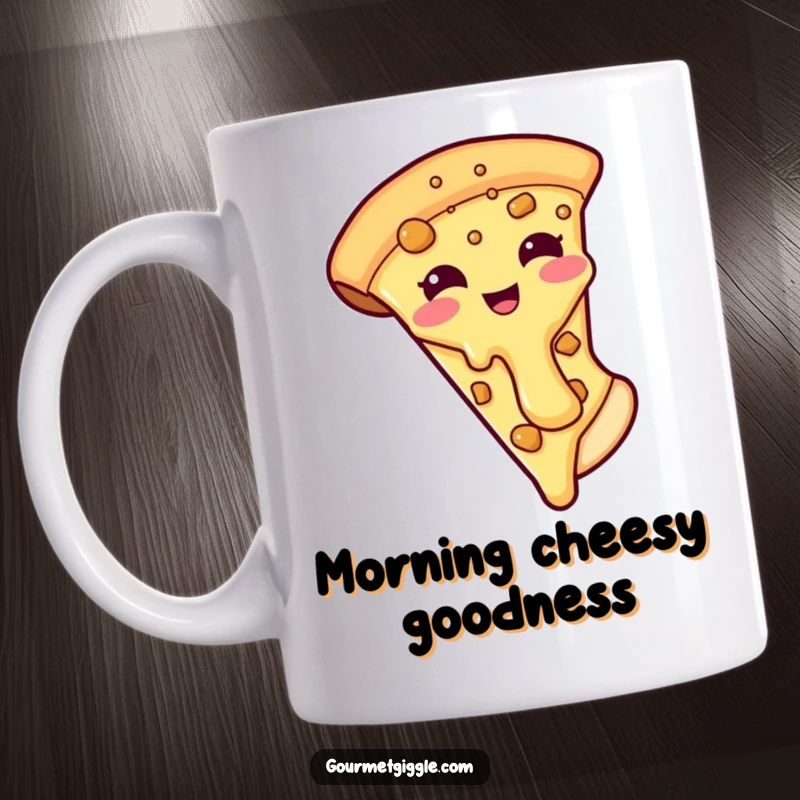 Funny mug showcasing a happy pizza slice with its cheesy topping comically sliding off, a delightful depiction of pizza joy.