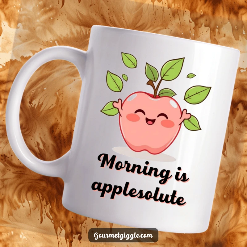 Funny Apple Juggling Leaves Mug: A cheerful apple happily tosses its own green leaves in a playful, lighthearted display.