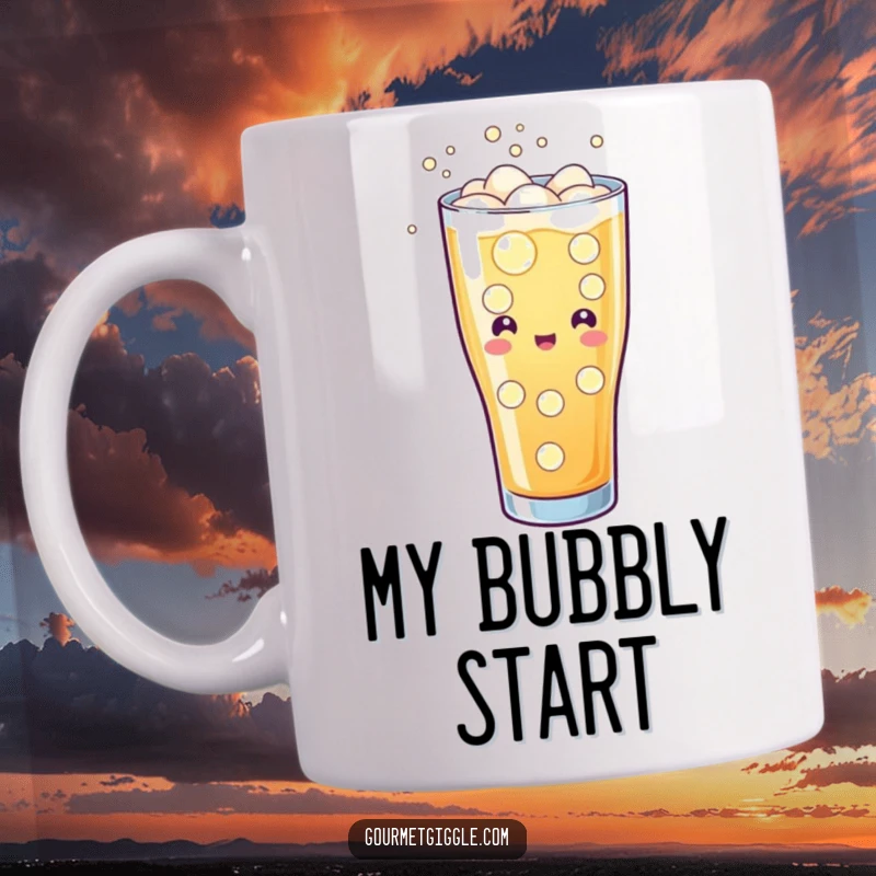 Funny mug displaying a glass of soda with joyful bubbles and cheerful fizzing, embodying refreshment and happiness.