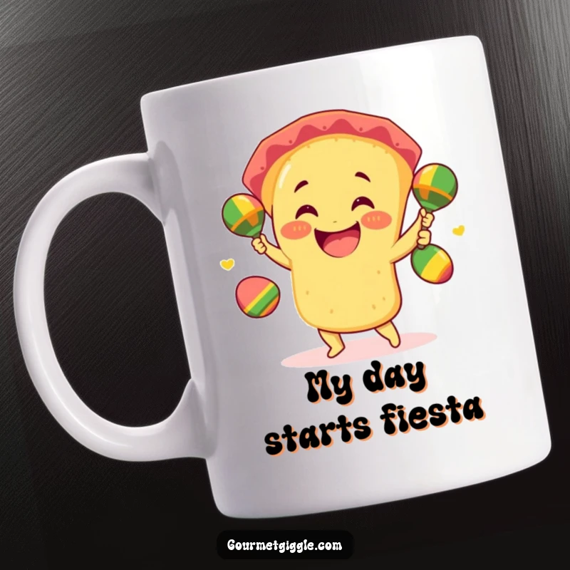 Funny taco mug featuring a smiling taco enthusiastically juggling three mini maracas, radiating pure giddy excitement.