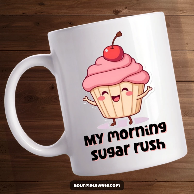 Funny Cupcake Mug featuring a joyful cupcake with a cherry on top doing a spirited dance, bringing sweet and silly vibes.