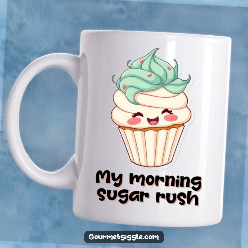 Funny cupcake mug with frosting hair joyfully spinning around, celebrating life with sprinkles and happiness. A delightful piece of edible-themed art.