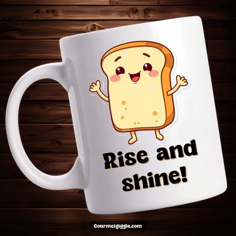 Funny grinning bread loaf with arms, cheerfully waving hello on a delightful coffee mug.